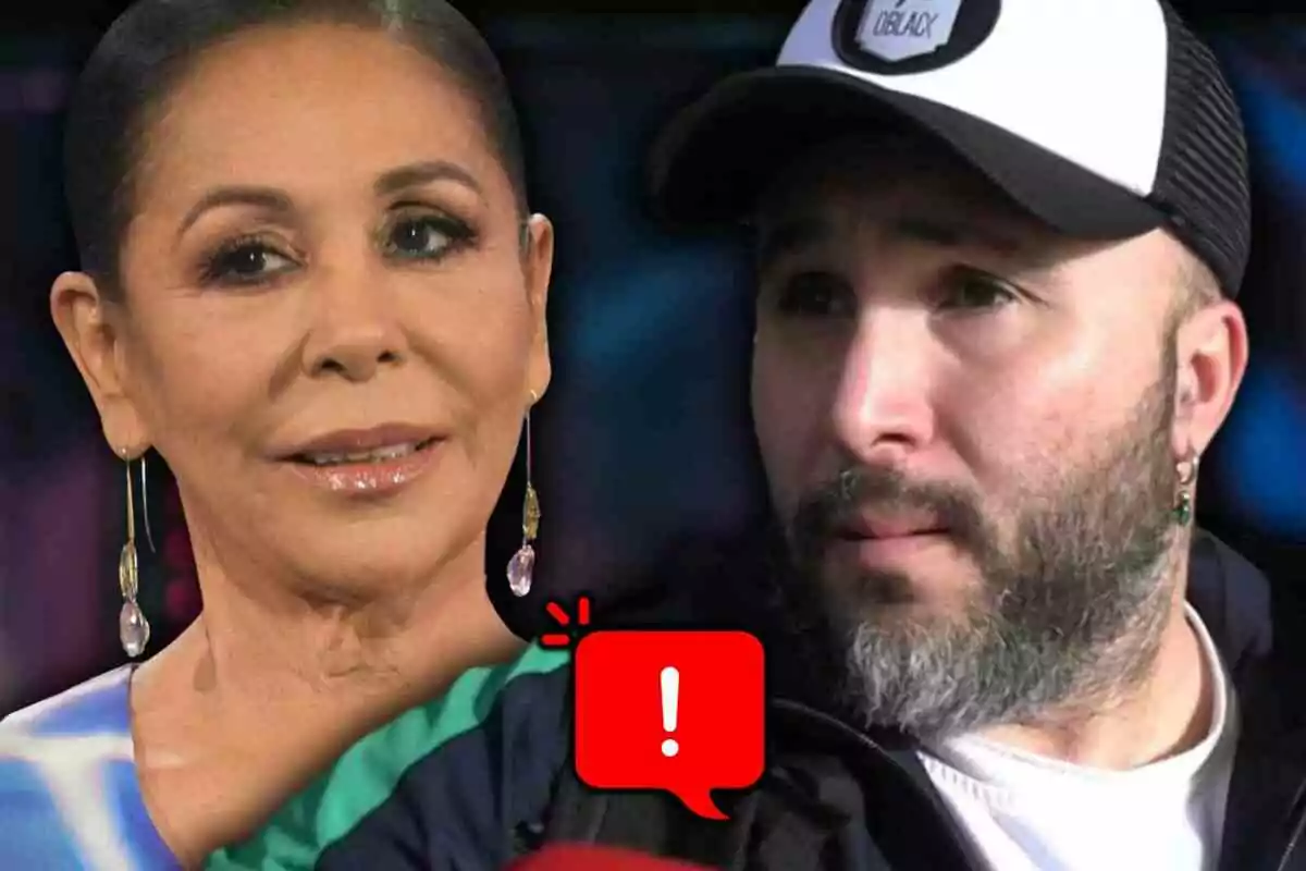 Isabel Pantoja i Kiko Rivera en primer pla amb una expressió seriosa i una icona d’advertència vermella entre elles