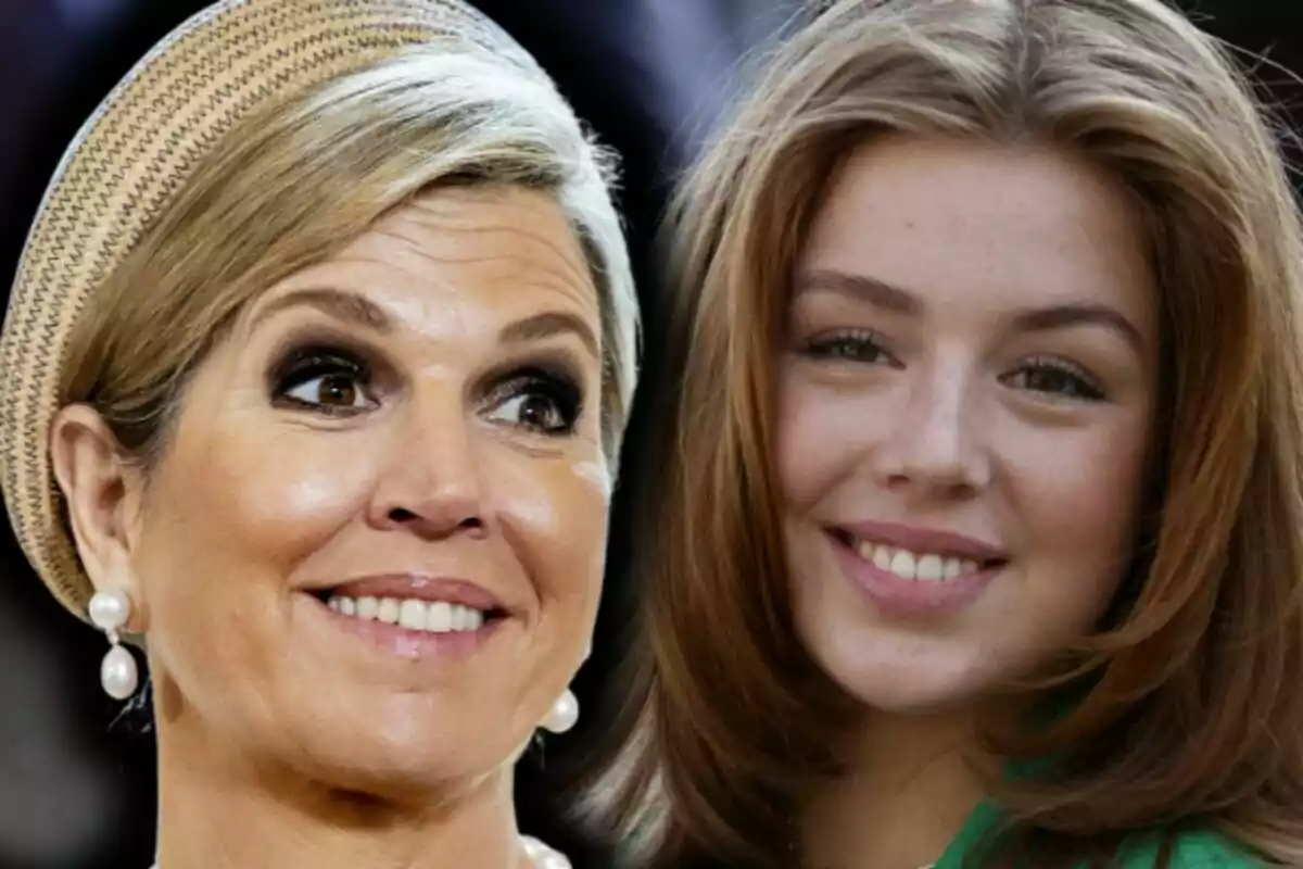 Close-up photo montage of Alexia of the Netherlands and Máxima of the Netherlands, both with smiling faces.