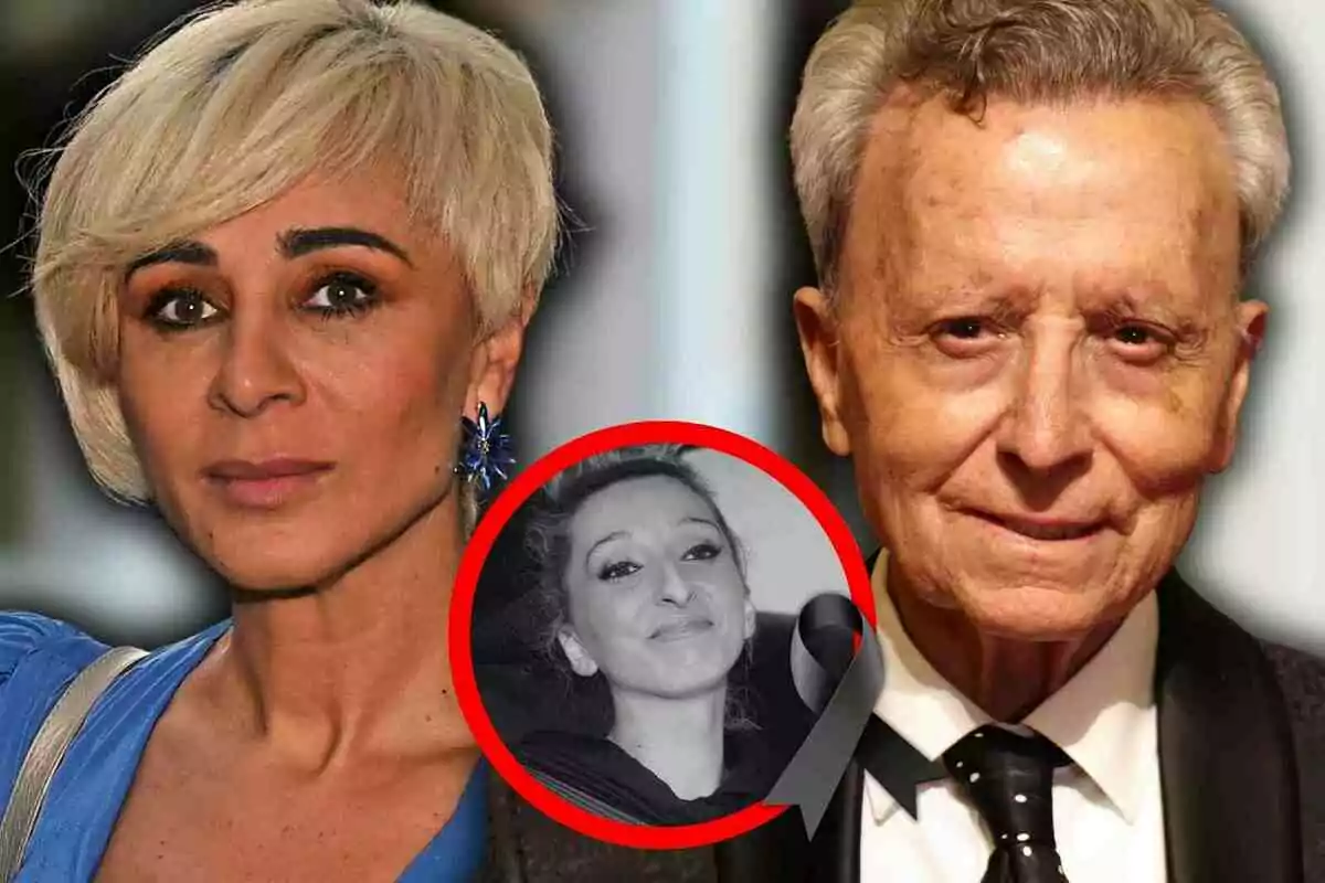 Ana María Aldón y José Ortega Cano posan en primer plano mientras en el centro de la imagen aparece una fotografía en blanco y negro de Michu enmarcada con un círculo rojo y un moño negro de luto
