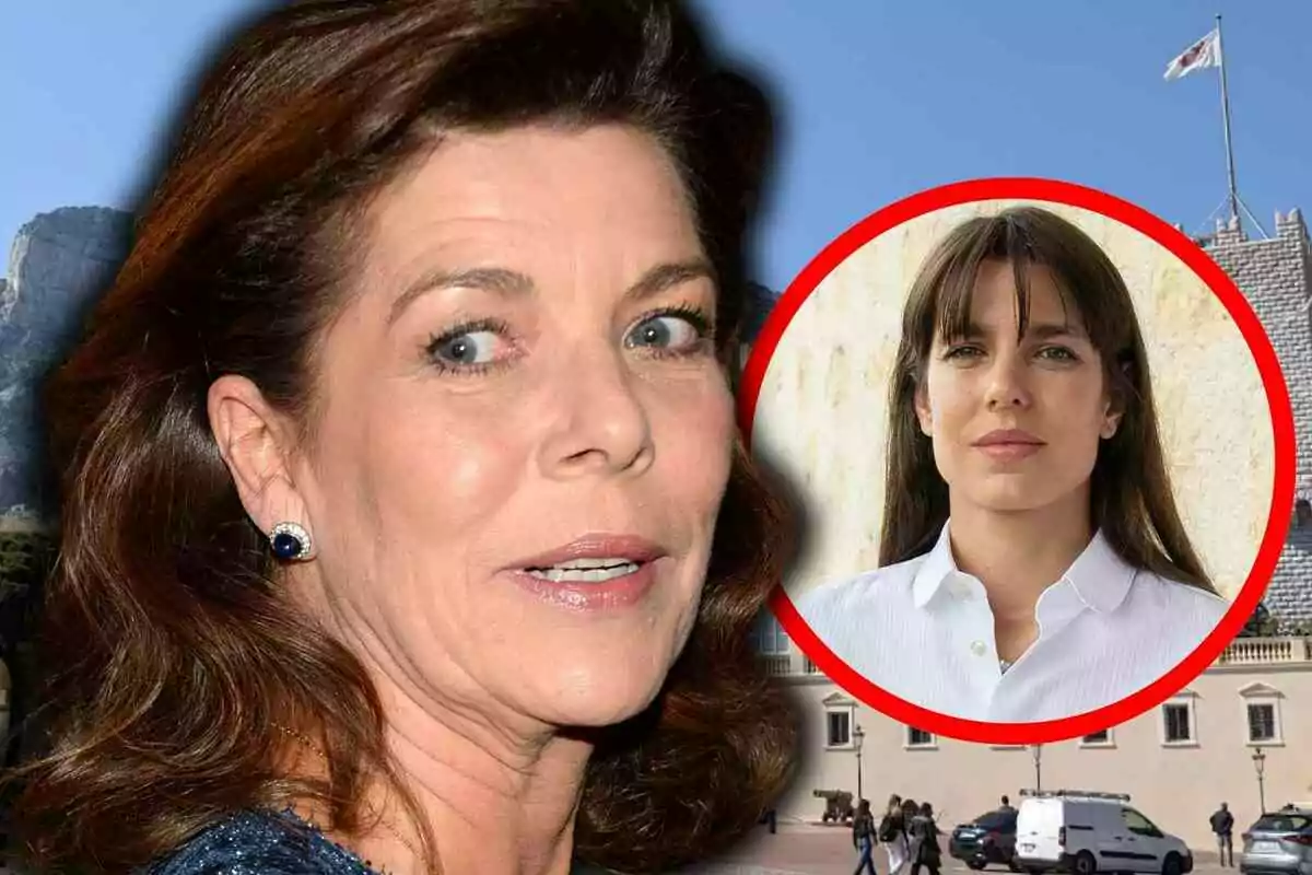Primer pla de Carolina de Mònaco amb arracades fosques i, al fons, un cercle vermell que emmarca el rostre de Carlota Casiraghi de cabells llisos i serrell, ambdues en un entorn a l’aire lliure.