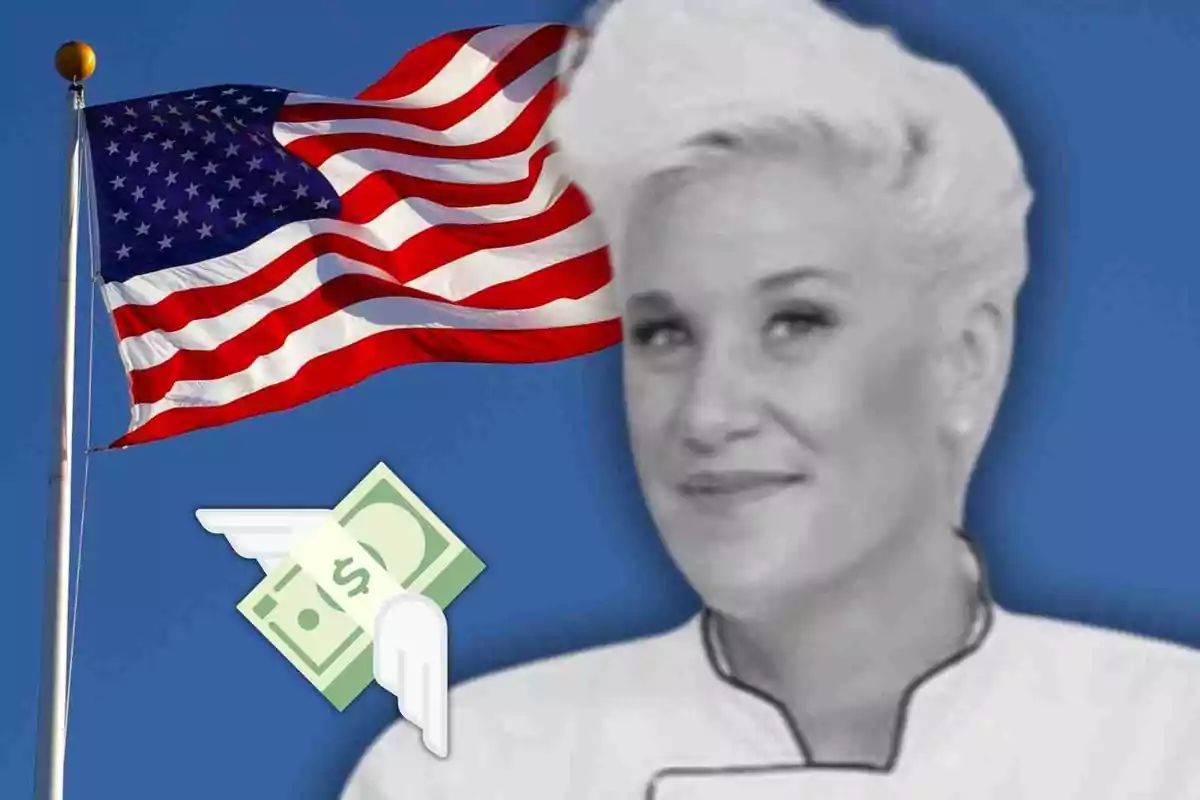Bandera de Estados Unidos ondeando junto a la chef Anne Burrell de cabello corto y canoso con un dibujo de billetes con alas sobre un fondo azul
