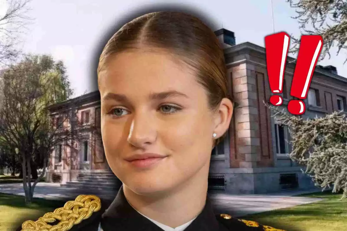 La princesa Leonor con uniforme militar frente a un edificio y dos signos de exclamación rojos a la derecha
