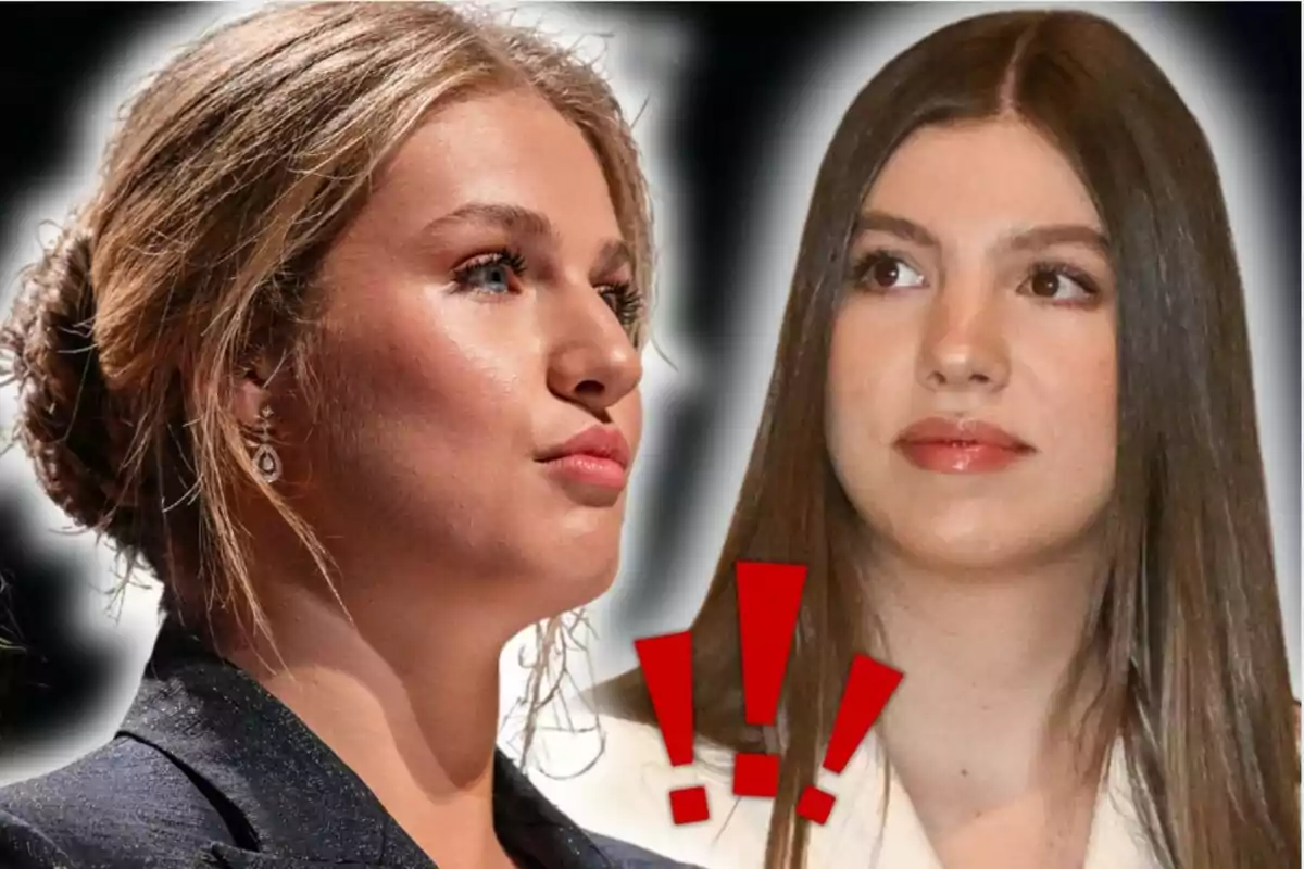La princesa Leonor i la infanta Sofia mirant-se amb expressions serioses i tres signes d’exclamació vermells entre elles