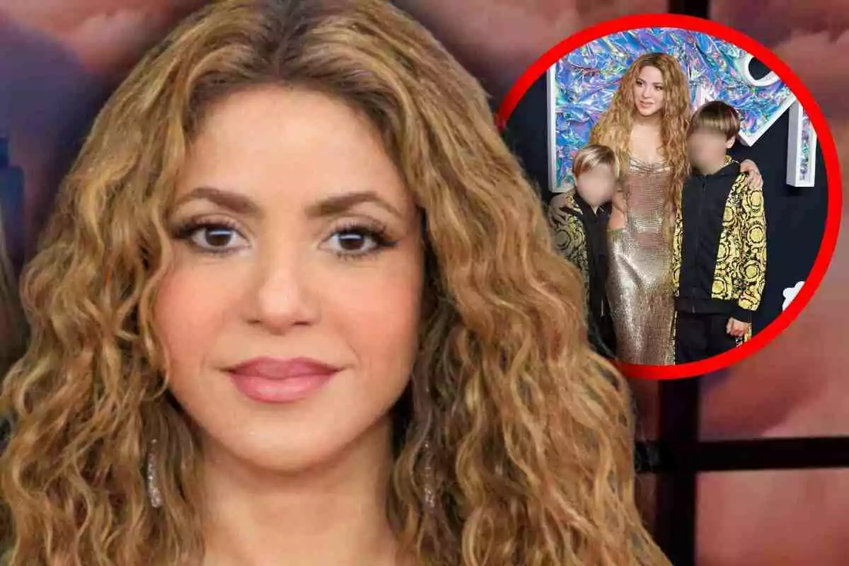 Shakira con expresión seria en primer plano y en la esquina superior derecha aparece una imagen circular de la misma mujer con Milan y Sasha en un evento, todos vestidos de manera elegante.