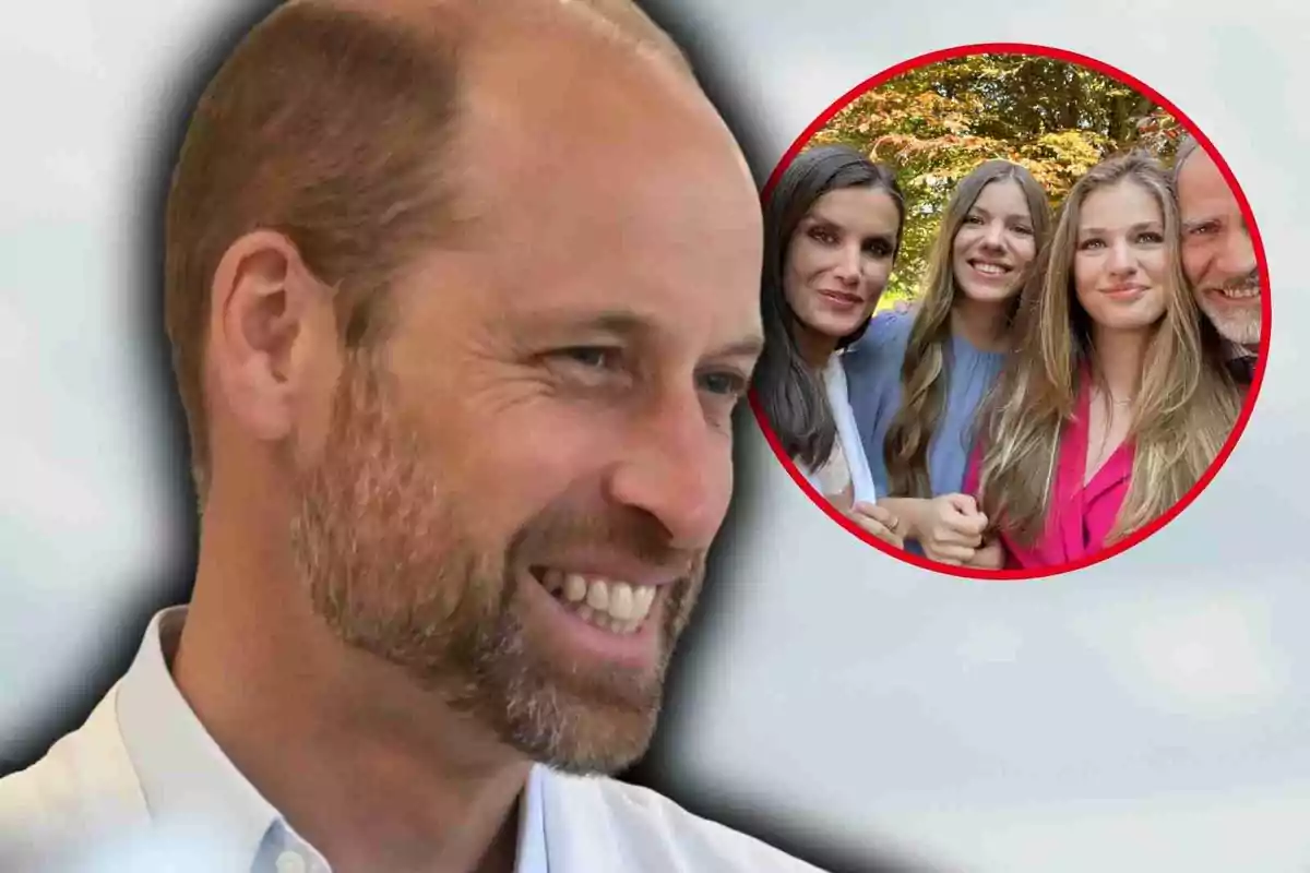El príncipe Guillermo sonriente en primer plano con barba y camisa blanca, al fondo un círculo rojo muestra a la Familia Real española posando juntos al aire libre