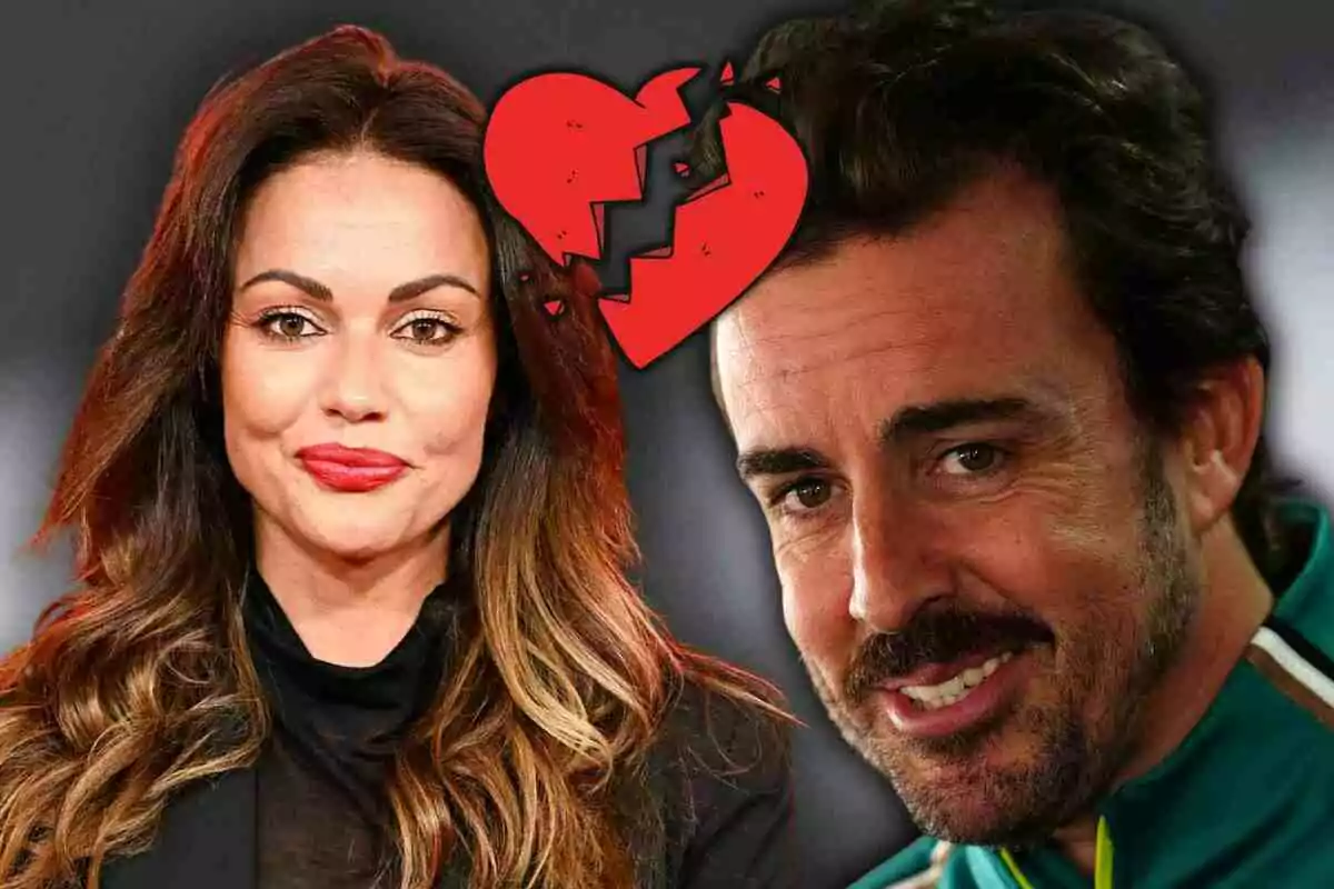 Lara Álvarez y Fernando Alonso aparecen juntos con un corazón roto de color rojo entre ellos, simbolizando una ruptura amorosa.