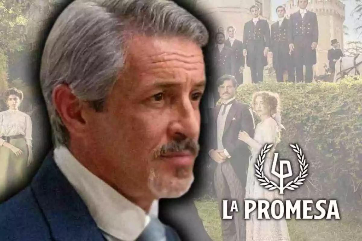 Primer pla de Cristóbal (Fernando Coronado) amb expressió seriosa davant d’un fons difuminat on apareixen diversos personatges vestits d’època i el logotip de la sèrie La Promesa.