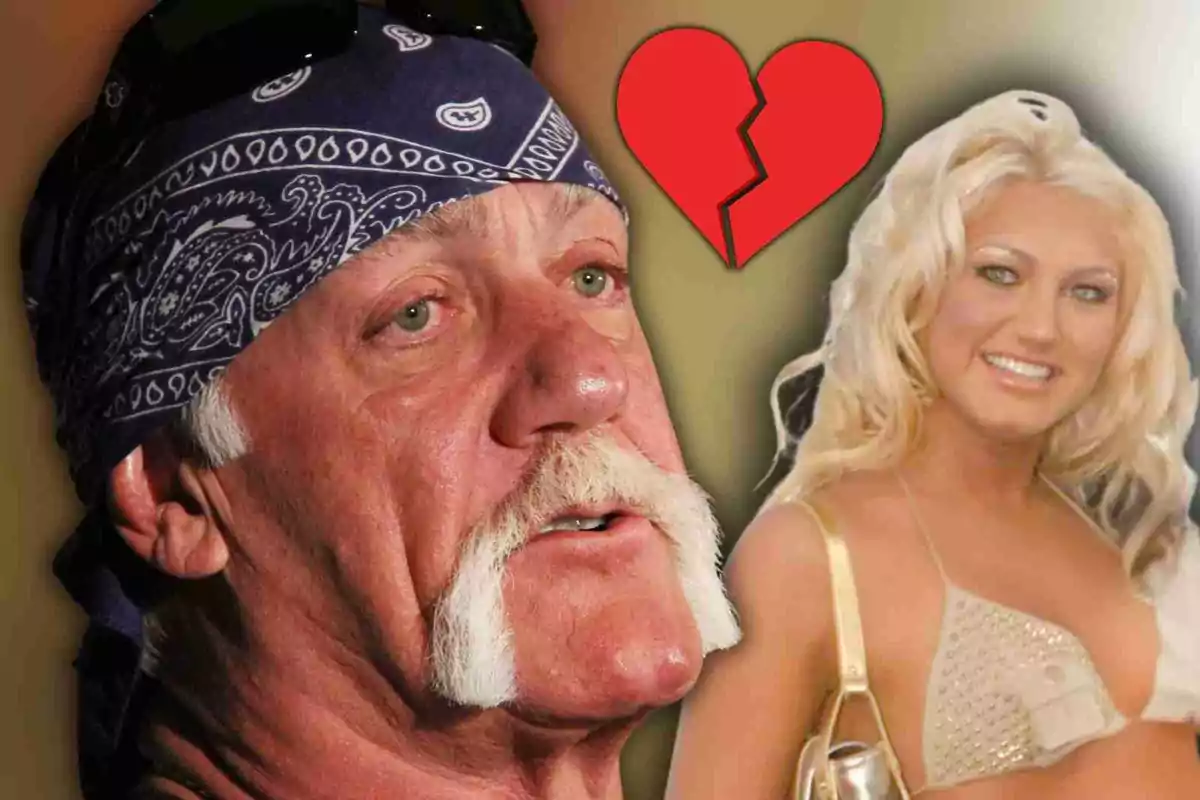 Hulk Hogan con bandana azul y bigote blanco mirando al frente mientras Brooke Hogan sonríe al fondo con un corazón roto rojo entre ellos