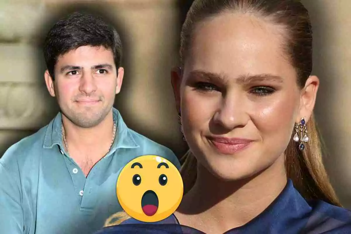 Juan Urquijo con camisa azul e Irene Urdangarin con pendientes elegantes aparecen juntos en la imagen, con un emoji de cara sorprendida en primer plano.