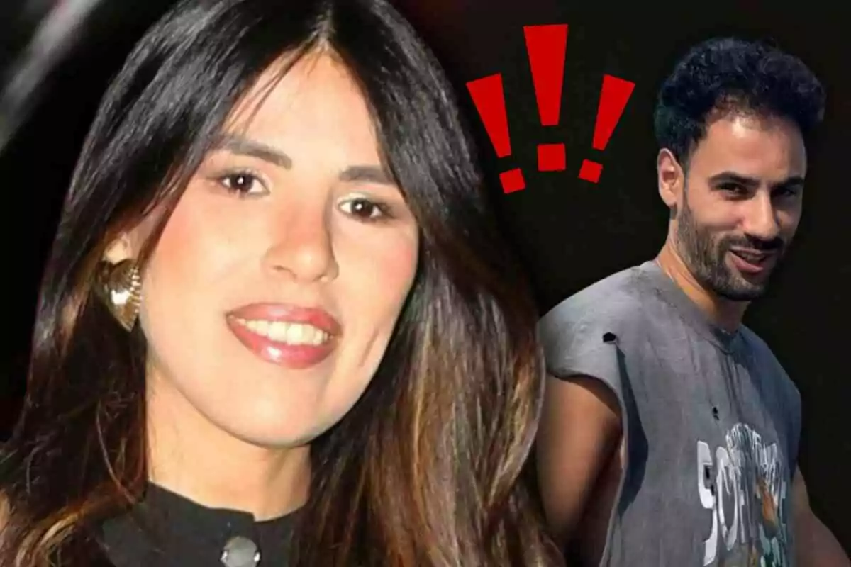 Isa Pantoja sonriente en primer plano y Asraf Beno al fondo con tres signos de exclamación rojos sobre él