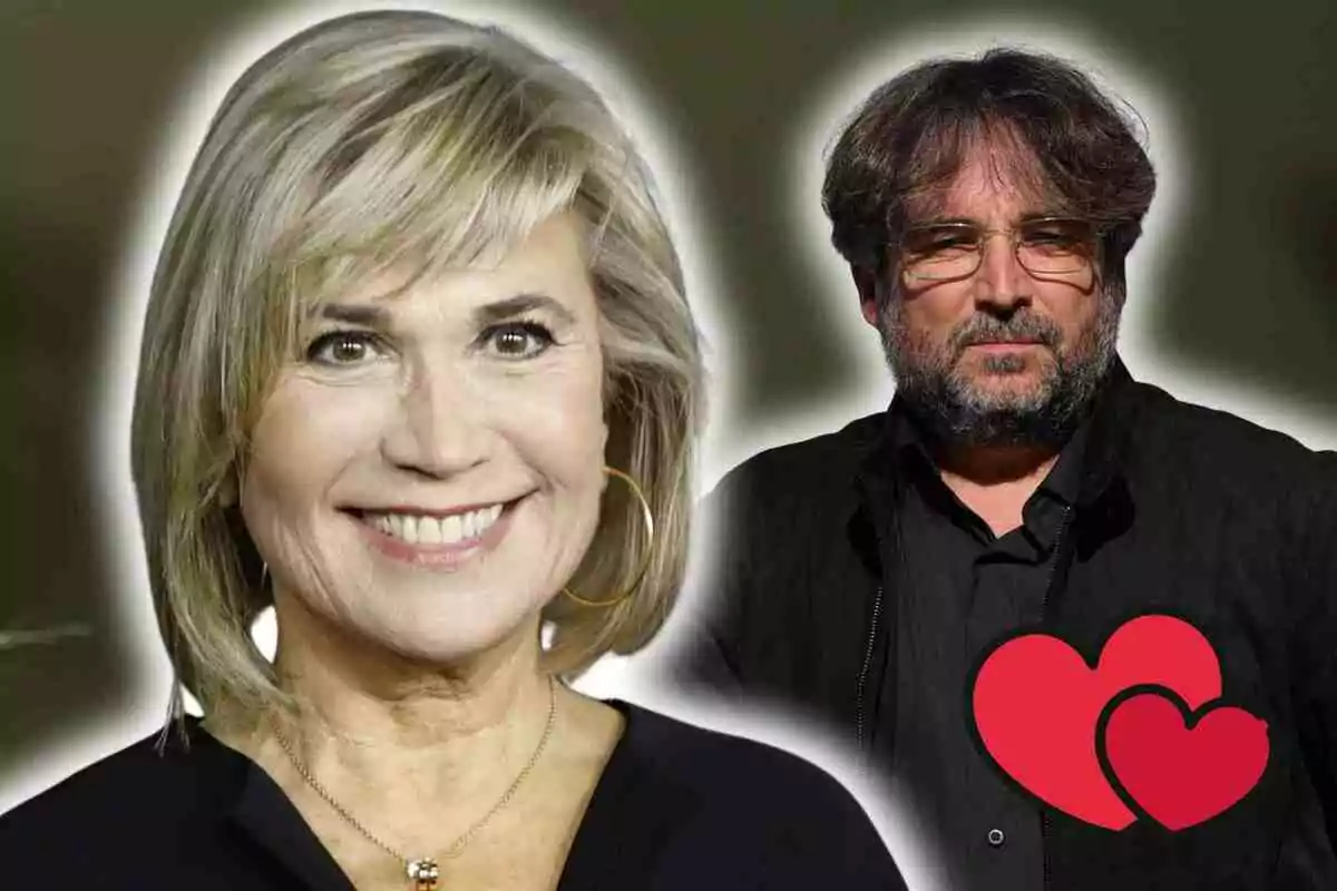 Julia Otero somrient en primer pla i Jordi Évole amb barba i ulleres en segon pla amb dos cors vermells superposats al seu pit