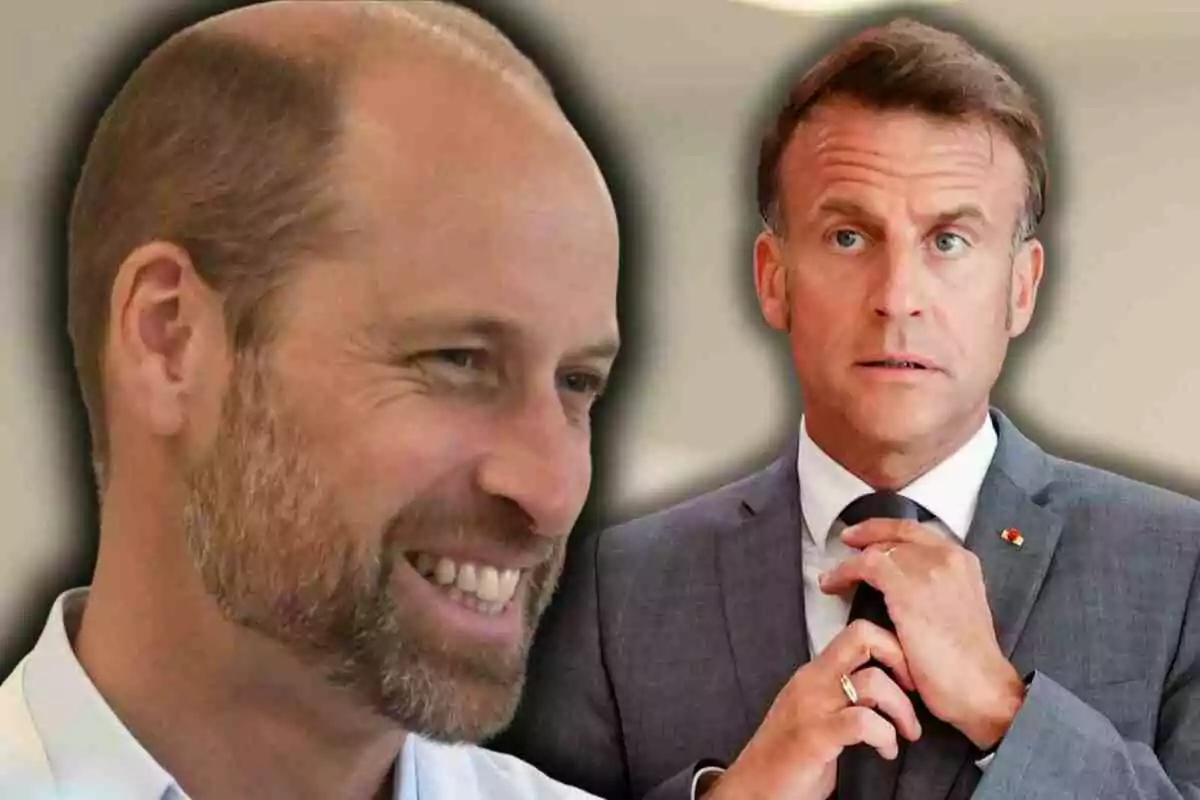 El príncep Guillem somrient amb barba en primer pla i Emmanuel Macron amb expressió seriosa ajustant-se la corbata al fons