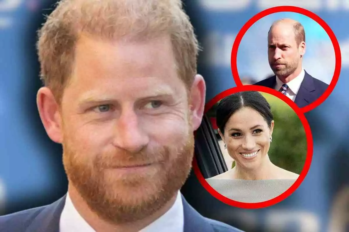 El príncep Harry amb barba apareix en primer pla mentre al fons es veuen dues cares dins de cercles vermells, el príncep Guillem amb barba i Meghan Markle amb cabells foscos somrient.