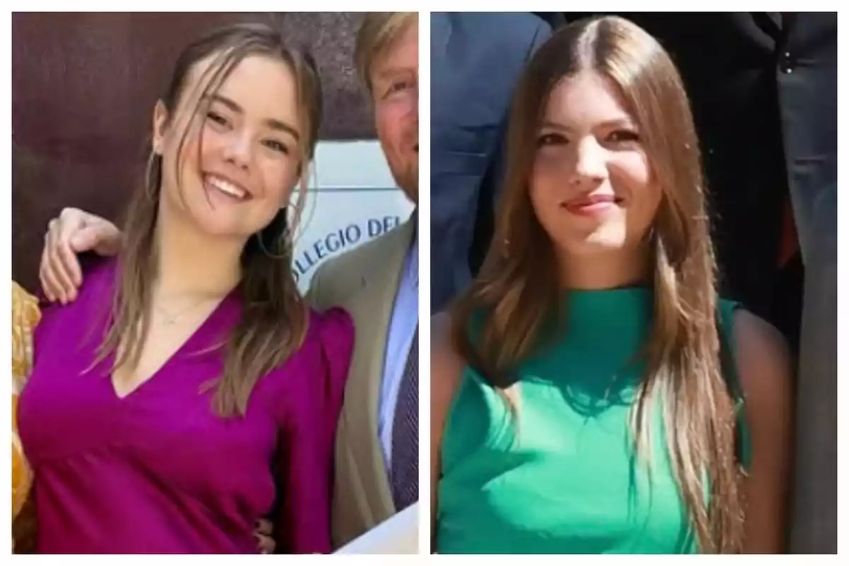 Dos jóvenes posan para la cámara, una es la princesa Ariane de Holanda y lleva un vestido fucsia y la otra es la infanta Sofía con un vestido verde, ambas sonríen y tienen el cabello suelto. Dos jóvenes posan para la cámara, una es la princesa Ariane de Holanda y lleva un vestido fucsia y la otra es la infanta Sofía con un vestido verde, ambas sonríen y tienen el cabello suelto.