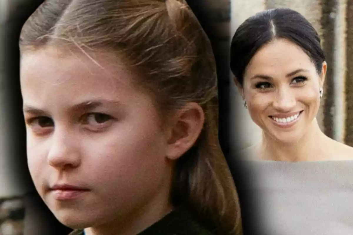 Muntatge de fotos en primer pla de la princesa Charlotte amb rostre seriós i la Meghan Markle somrient al fons.