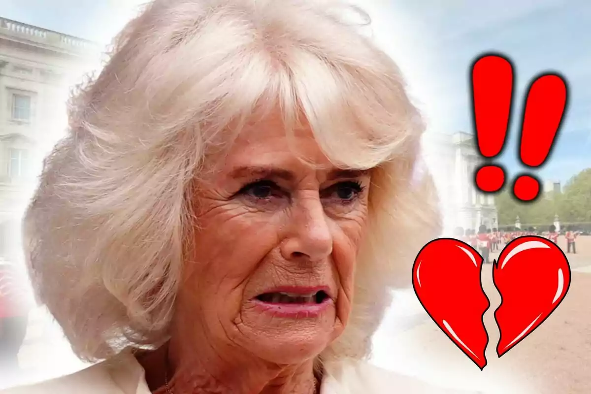 Queen Camilla Parker with a look of disgust, accompanied by a broken heart emoji and red exclamation marks against a palace background.