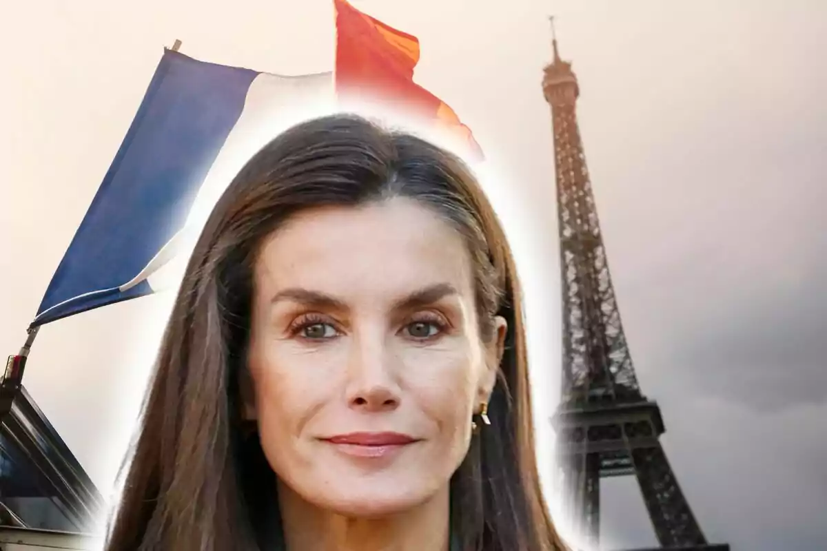Photo montage with Queen Letizia Ortiz in the foreground, with the Eiffel Tower and a French flag in the background.