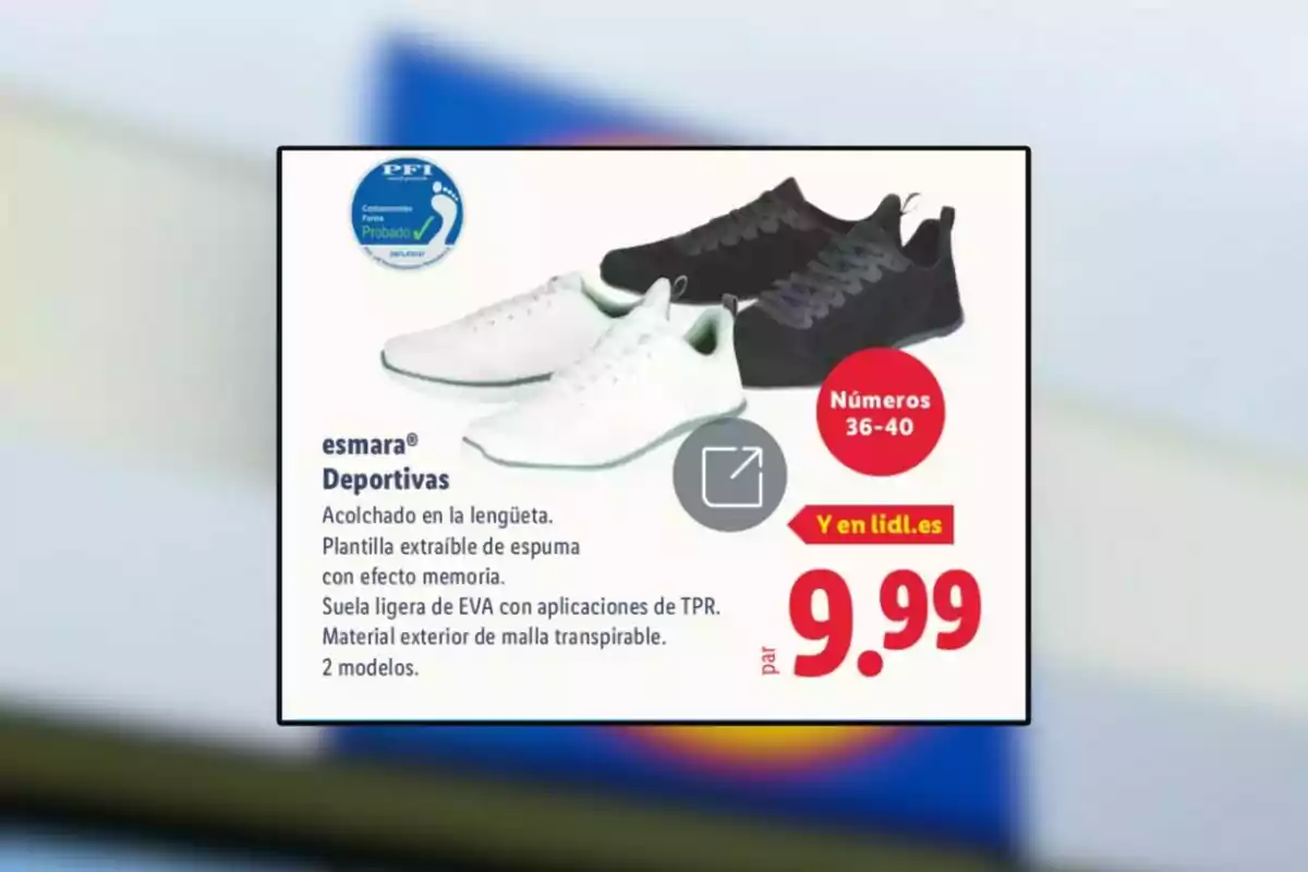 Oferta de zapatillas deportivas Esmara en colores blanco y negro, disponibles en tallas 36 a 40, con plantilla extraíble de espuma y suela ligera, precio 9,99 euros el par. Oferta de zapatillas deportivas Esmara en colores blanco y negro, disponibles en tallas 36 a 40, con plantilla extraíble de espuma y suela ligera, precio 9,99 euros el par.