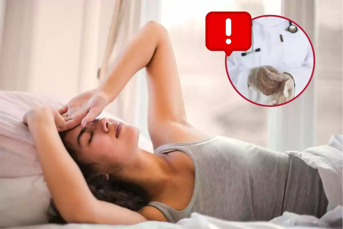 Mujer acostada en la cama con expresión de malestar y una alerta médica en la esquina superior derecha