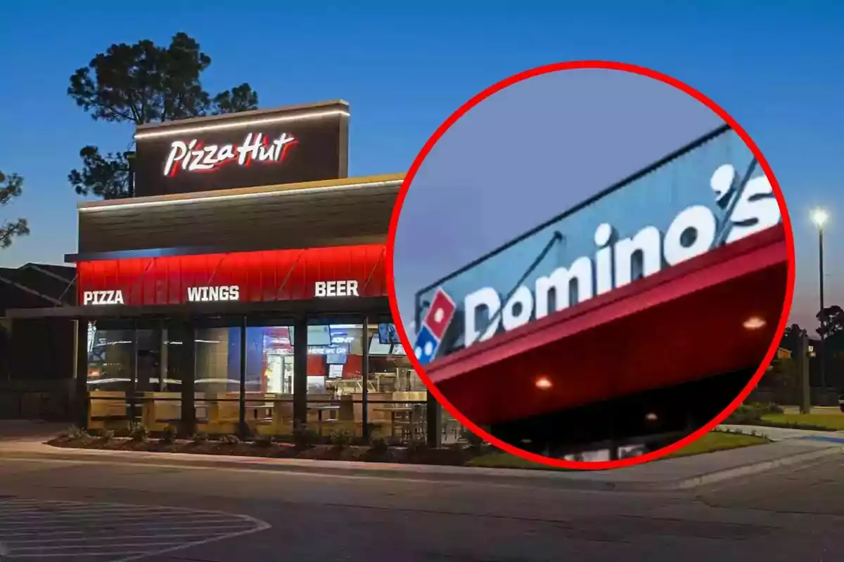 Fachada de un restaurante Pizza Hut al atardecer con un círculo que resalta el letrero de Domino's Pizza.
