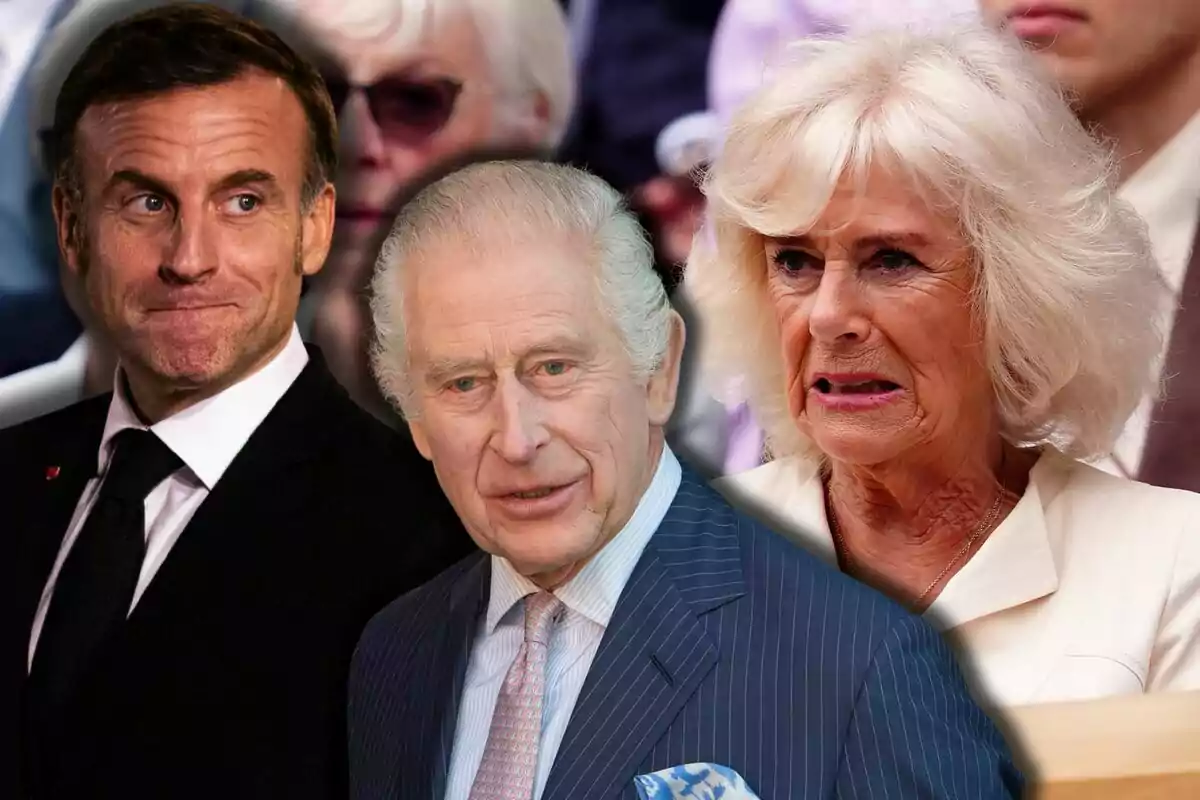 Emmanuel Macron, Carles III i la reina Camila amb expressions serioses i fons desenfocat