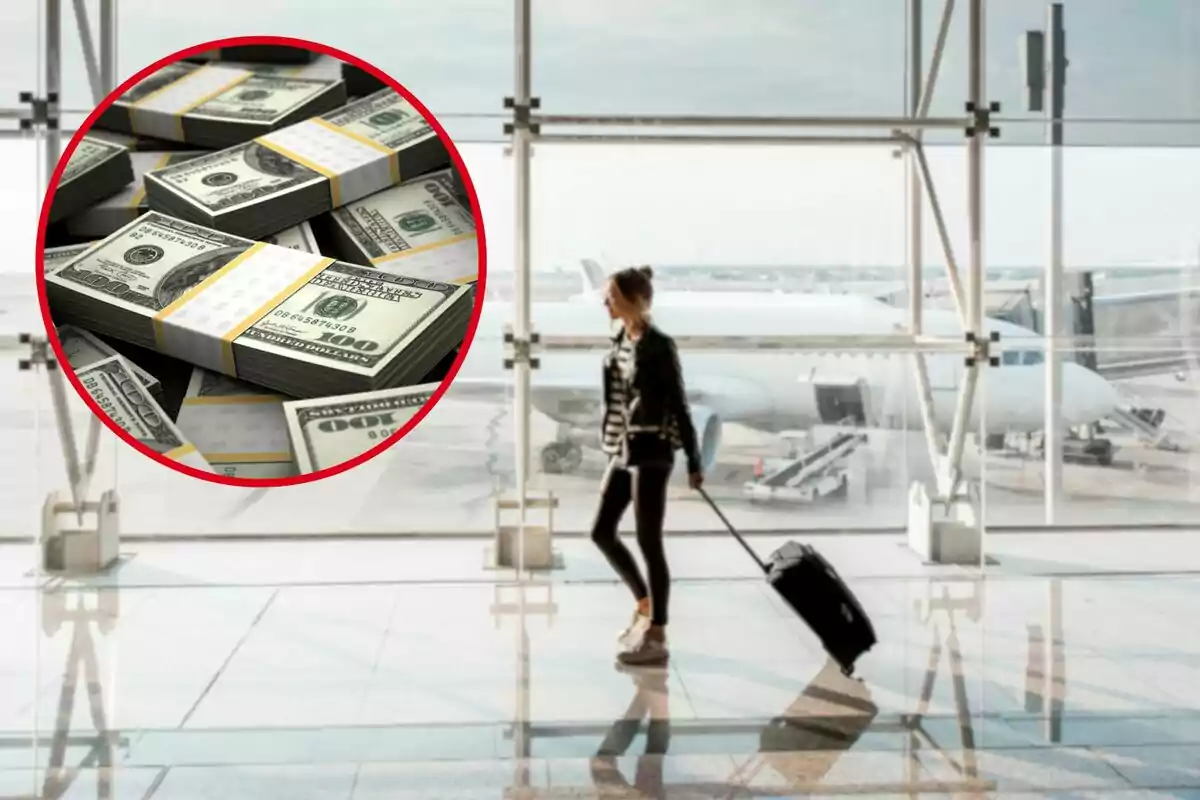 Mujer caminando con maleta en un aeropuerto con un círculo que muestra fajos de billetes de dólares Mujer caminando con maleta en un aeropuerto con un círculo que muestra fajos de billetes de dólares