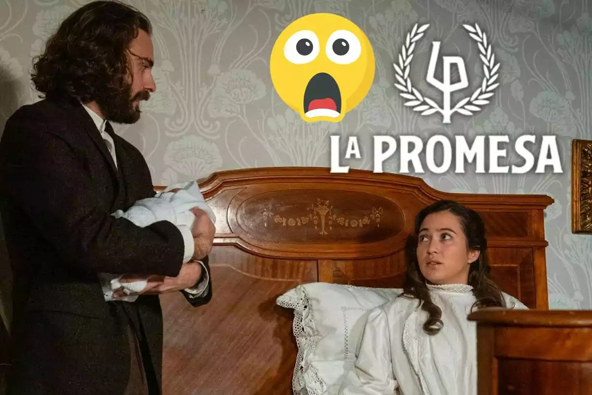 Un home amb barba sosté un nadó embolicat amb una manta mentre una dona jove l’observa des d’un llit; damunt d’ells apareix un emoji sorprès i el text La Promesa.