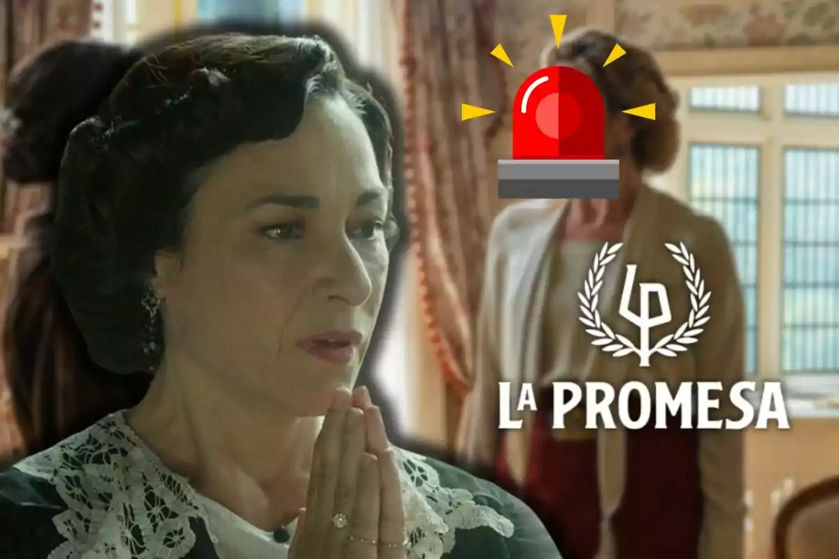 Isabel Serrano amb expressió preocupada i les mans juntes en primer pla, al fons una altra dona desenfocada amb una icona d’alarma vermella sobre el seu rostre i el text La Promesa al costat d’un logotip.