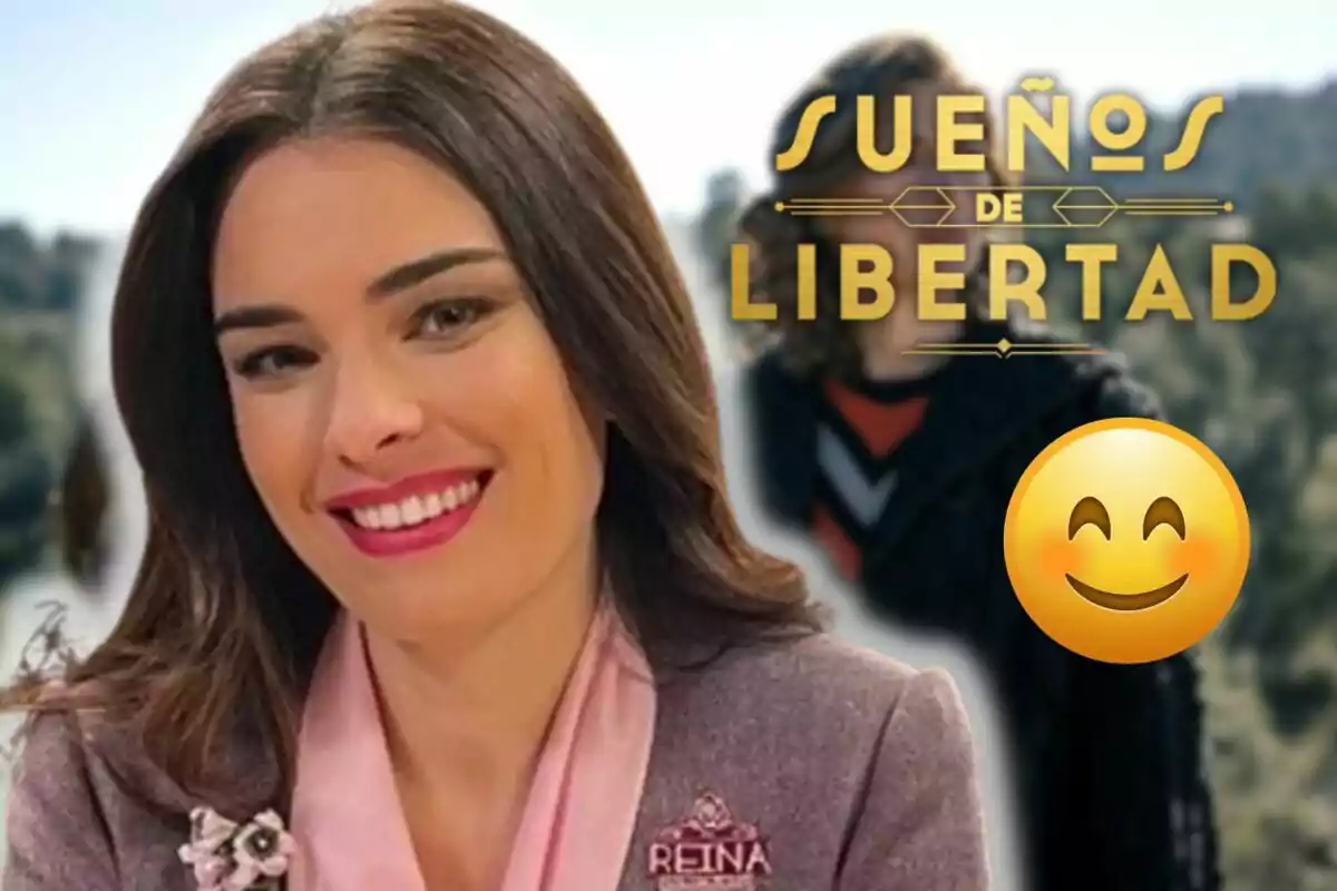 Alba Brunet somrient en primer pla amb el logotip de Sueños de Libertad i un emoji de carona feliç
