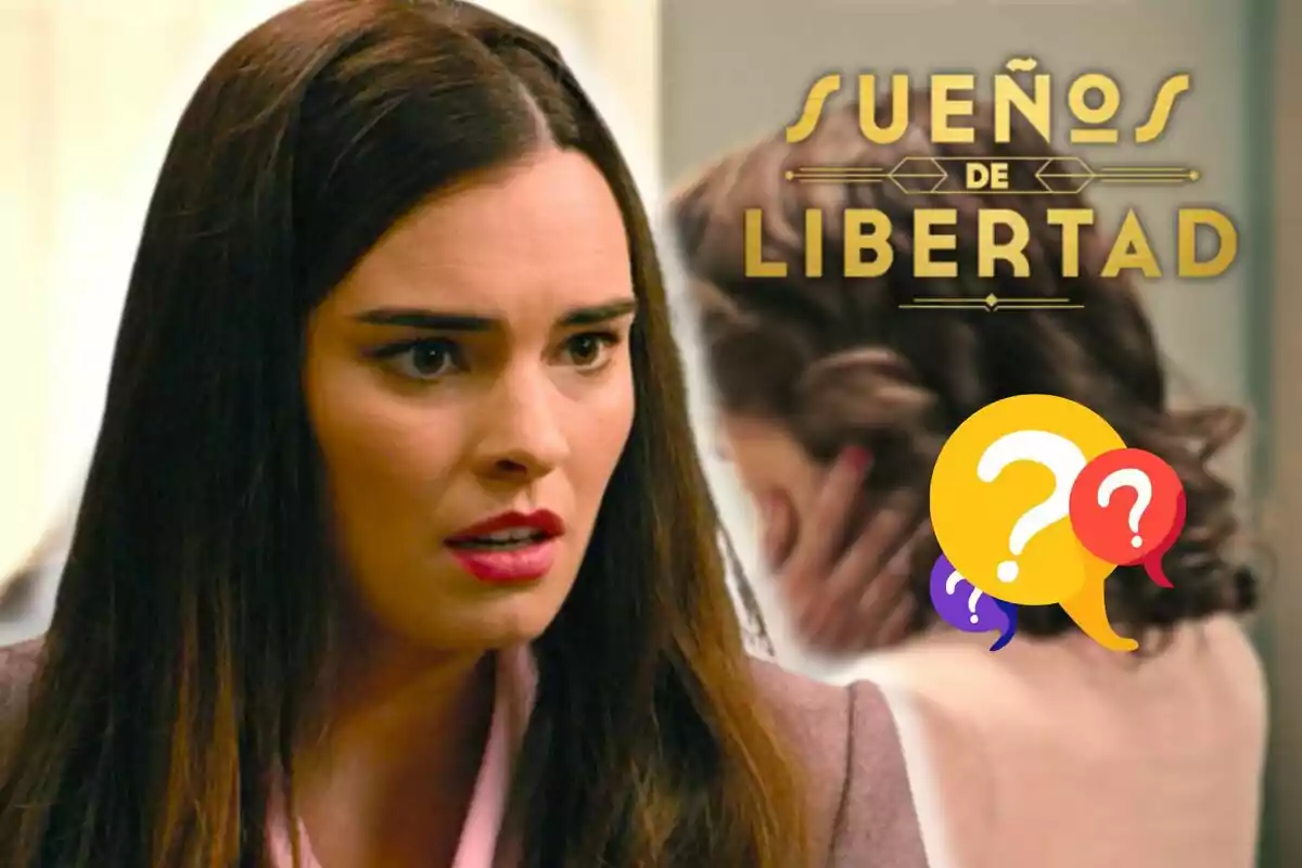 Alba Brunet amb expressió de sorpresa o preocupació, fons amb el text Sueños de Libertad i bombolles de diàleg amb signes d’interrogació