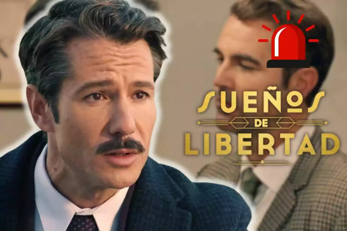 Primer plano de Alejandro Albarracín con bigote y expresión seria, al fondo otro hombre desenfocado junto al título Sueños de Libertad y un icono de alarma roja