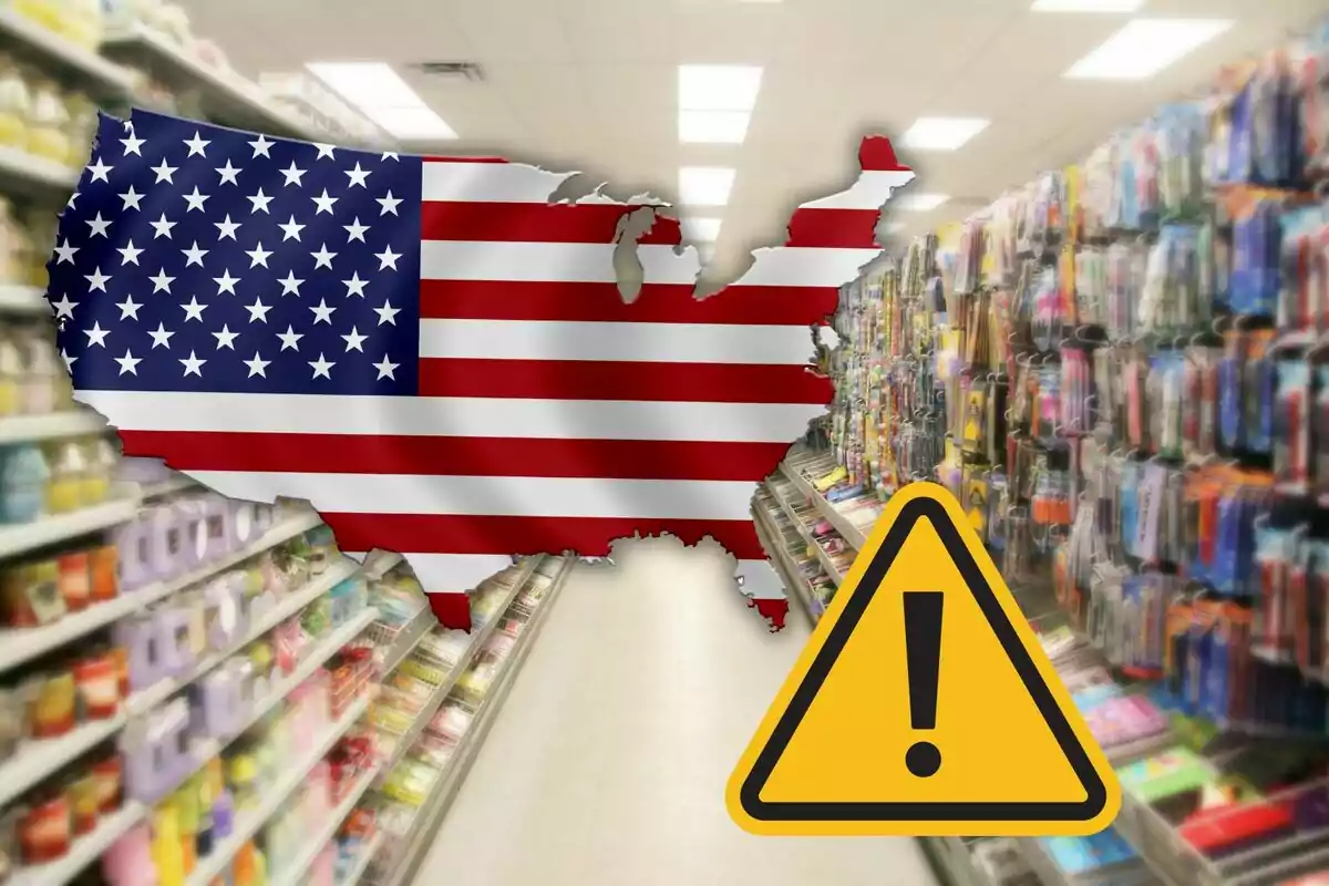 Store aisle with shelves full of products, a map of the United States with the flag, and a yellow warning symbol in the front
