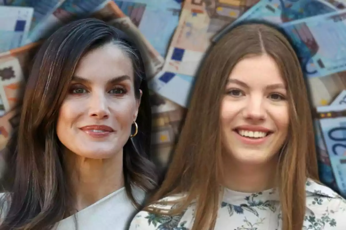 La reina Letícia i la infanta Sofia somrients en primer pla amb bitllets d’euro desenfocats al fons