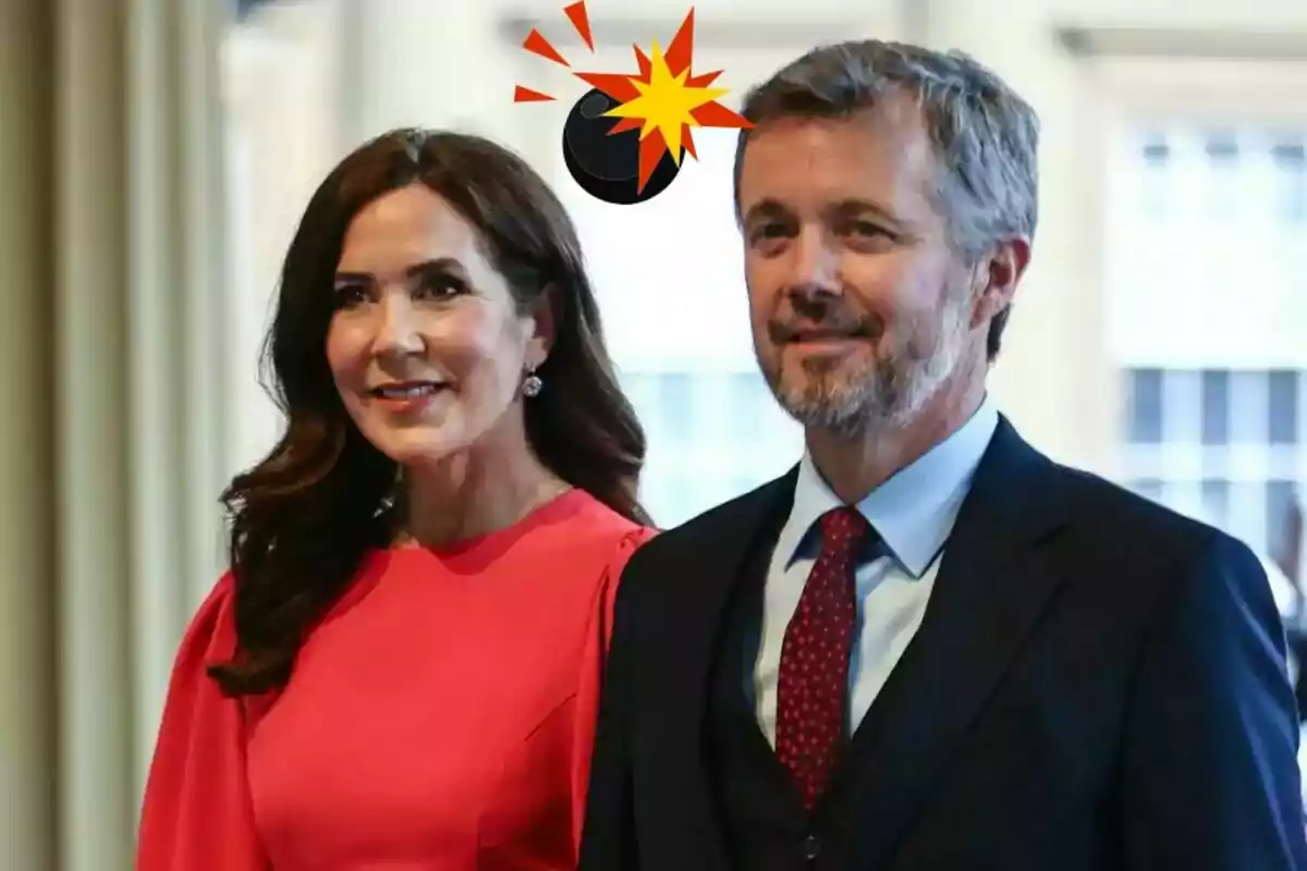 Elegantly dressed couple smiles as an illustration of a bomb with an explosion appears above their heads.