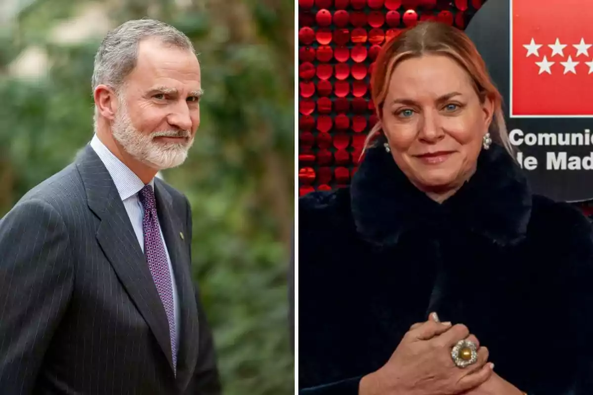 Felip VI amb vestit i corbata a l'esquerra i Gigi Howard amb abric fosc i un anell gran a la dreta posant davant d'un fons vermell Felip VI amb vestit i corbata a l'esquerra i Gigi Howard amb abric fosc i un anell gran a la dreta posant davant d'un fons vermell