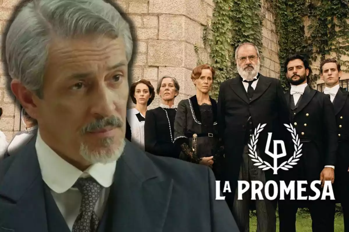 Fernando Coronado en primer plano y un grupo de personas vestidas de época posando frente a una pared de piedra con el logo y el texto La Promesa