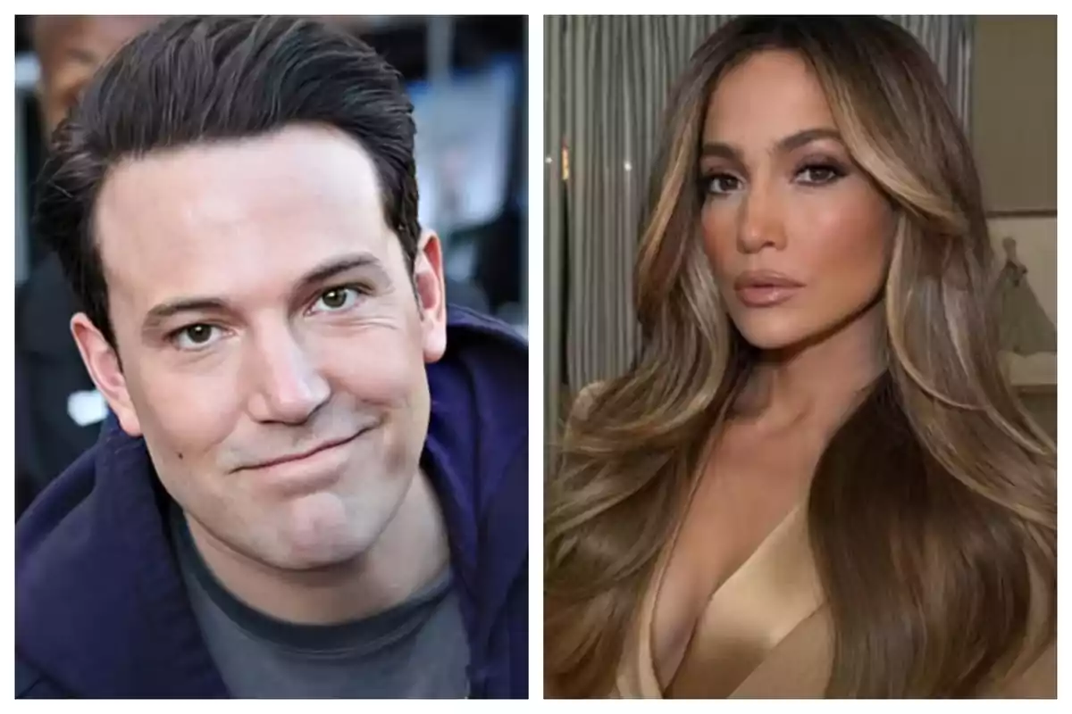 Split photograph showing Ben Affleck and Jennifer Lopez, both with serious expressions looking at the camera. Split photograph showing Ben Affleck and Jennifer Lopez, both with serious expressions looking at the camera.