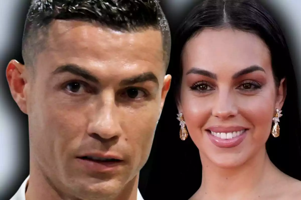 Montaje de fotos de primer plano de Georgina Rodríguez y Cristiano Ronaldo, ambos con rostro sonriente.