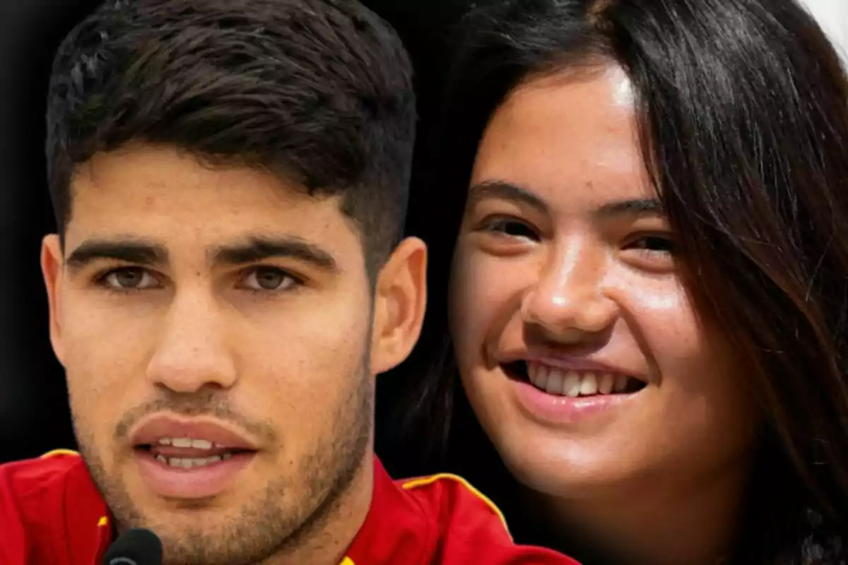 Close-up photo montage of a smiling Emma Raducanu and a neutral-faced Carlos Alcaraz.