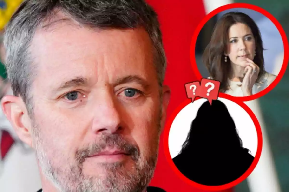 Primer pla de Frederic de Dinamarca amb expressió seriosa al davant i dos cercles vermells a la cantonada superior dreta, un amb la imatge d’una dona pensativa, que és Mary de Dinamarca, i un altre amb la silueta d’una persona i signes d’interrogació.