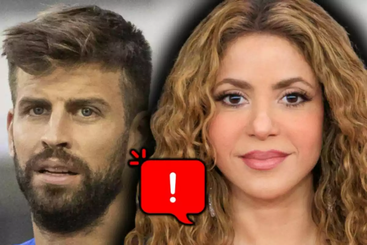 Muntatge de fotos de Gerard Piqué i Shakira mirant al front amb un globus de diàleg vermell amb un signe d’exclamació al centre de la imatge.