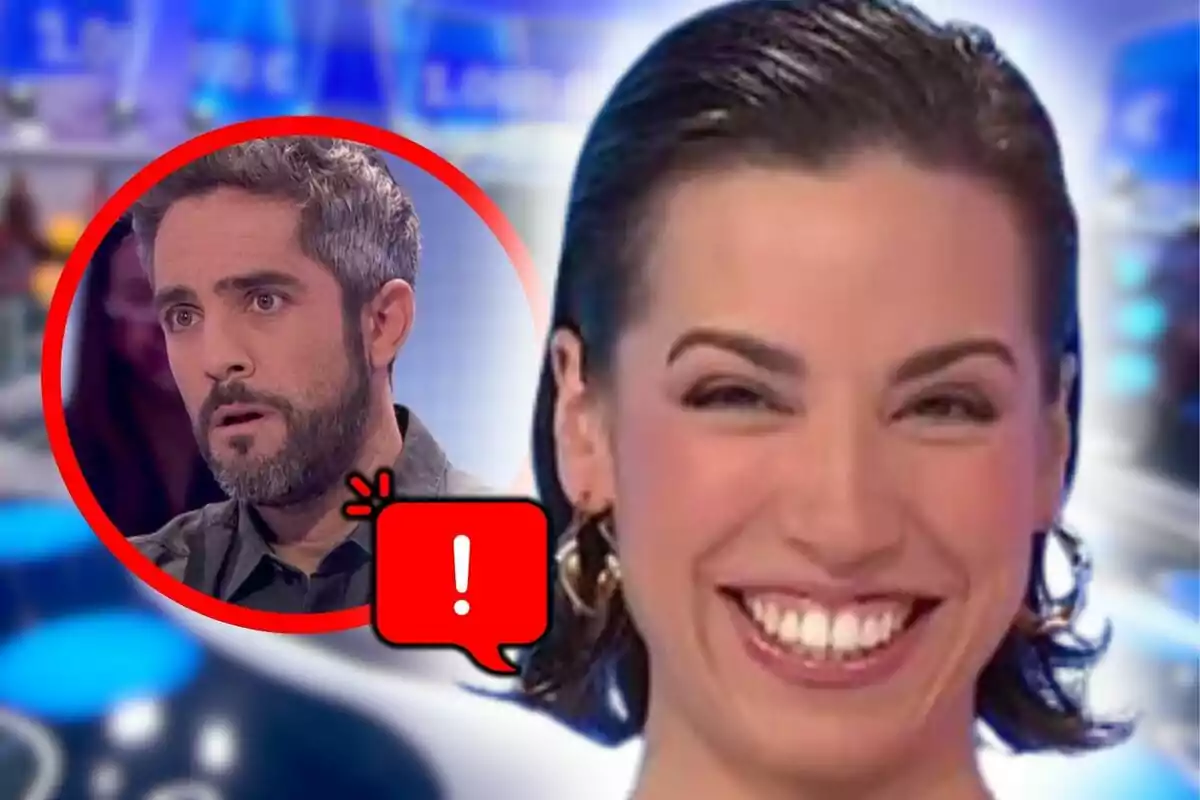 Rosa Rodríguez somrient en primer pla amb Roberto Leal sorprès en un cercle vermell al fons i una icona d’exclamació.