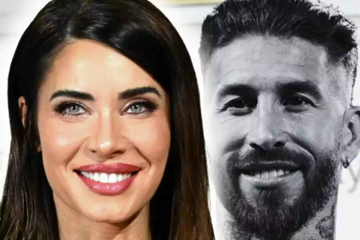 Montaje de fotos de Pilar Rubio mientras sonríe en primer plano mientras detrás de ella aparece el rostro de Sergio Ramos en blanco y negro, también sonriendo.