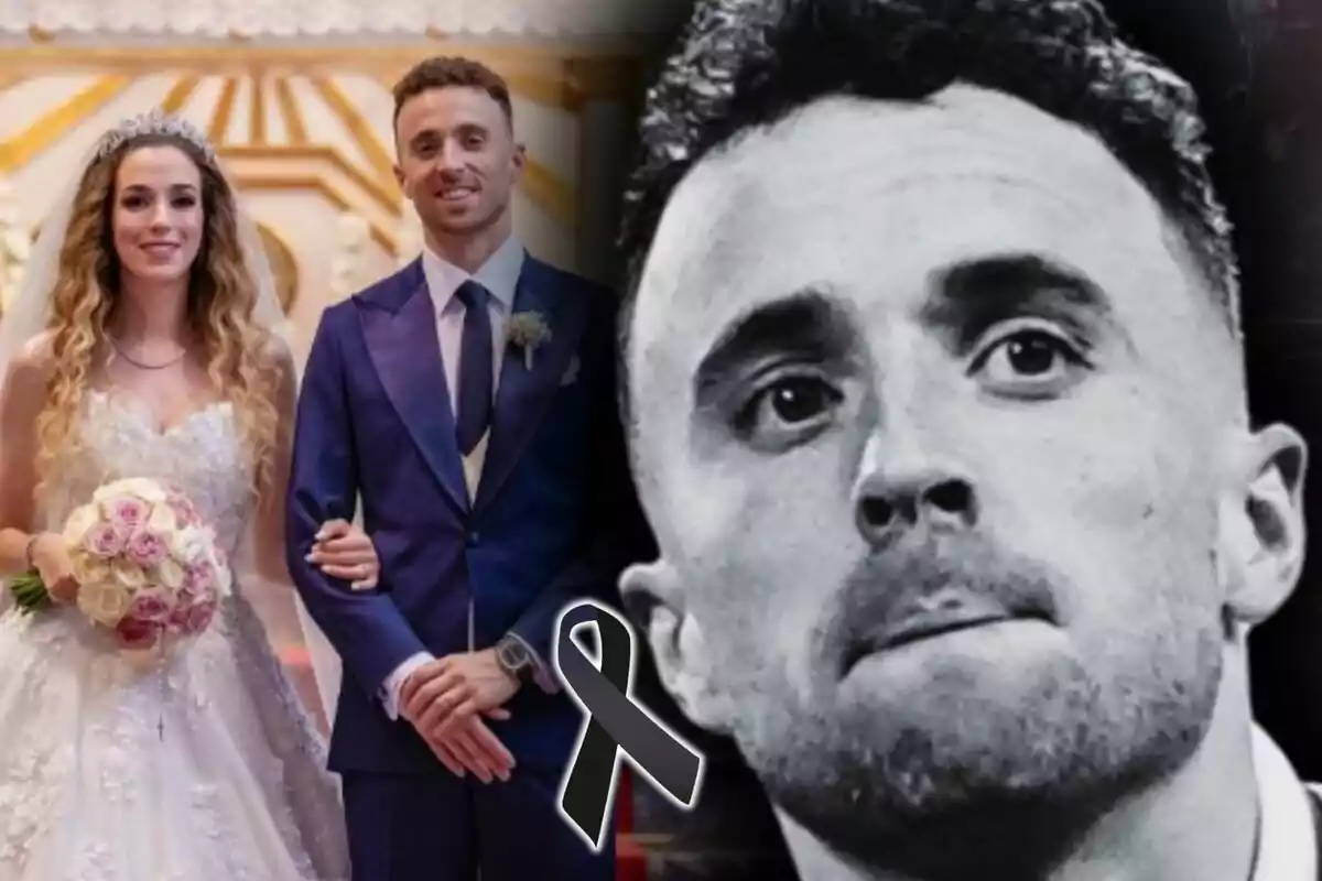 Pareja vestida de novios en una boda junto a un retrato en blanco y negro de Diogo Jota con un moño negro de luto superpuesto.