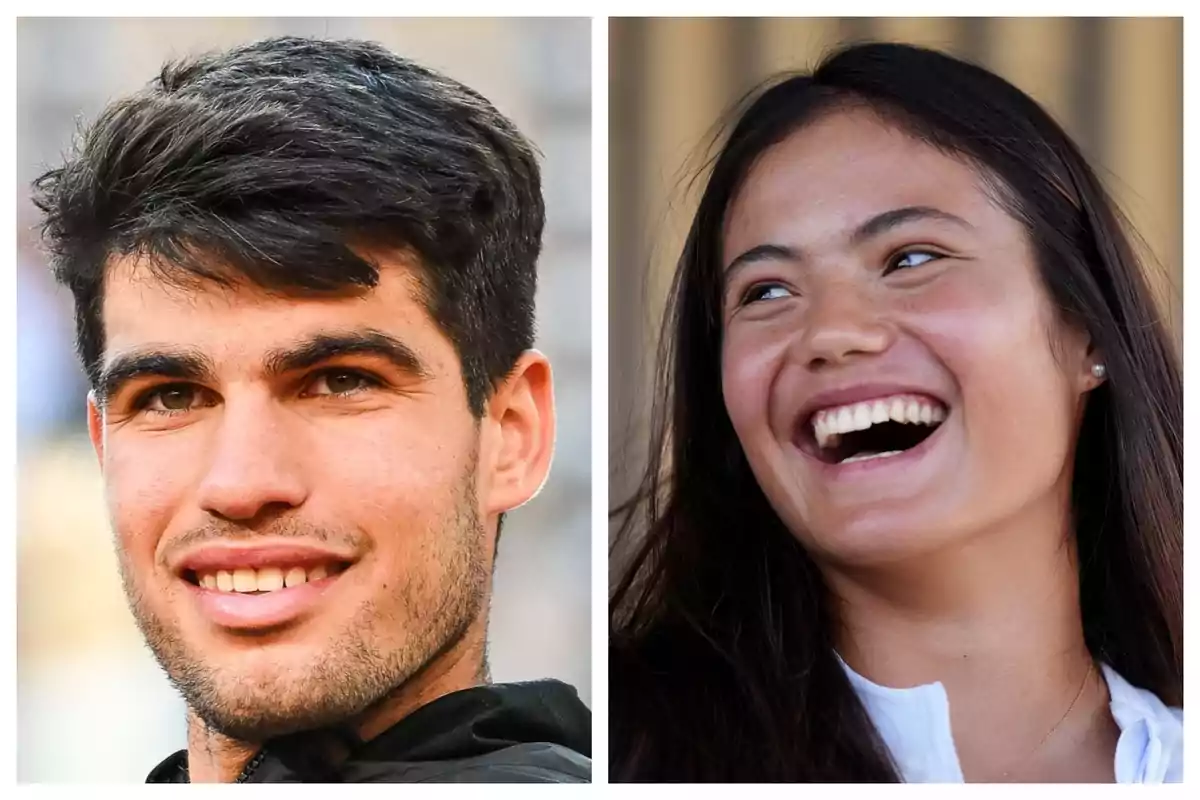 Close-up photo montage of Emma Raducanu and Carlos Alcaraz, both with happy faces. Close-up photo montage of Emma Raducanu and Carlos Alcaraz, both with happy faces.
