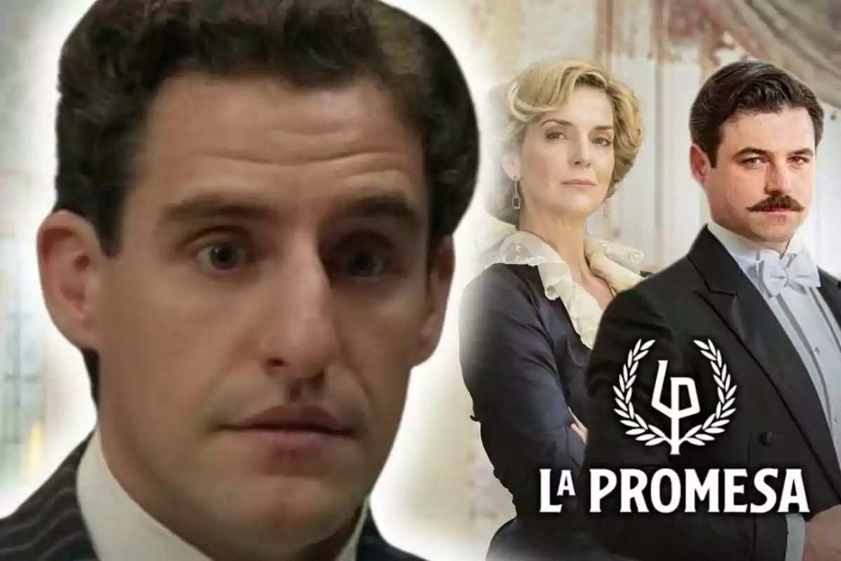 Tres personatges vestits d’època posen amb expressions serioses al costat del logotip de la sèrie 'La Promesa', un d’ells en primer pla que és l’actor Enrique Fortún.