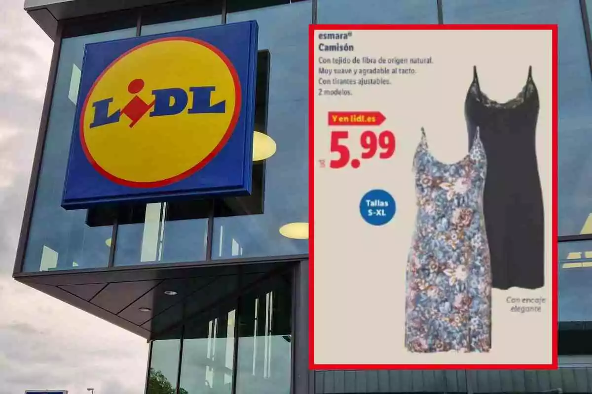 Fachada de una tienda Lidl con un cartel promocional de camisones Esmara en dos modelos diferentes a un precio de 5,99 euros Fachada de una tienda Lidl con un cartel promocional de camisones Esmara en dos modelos diferentes a un precio de 5,99 euros