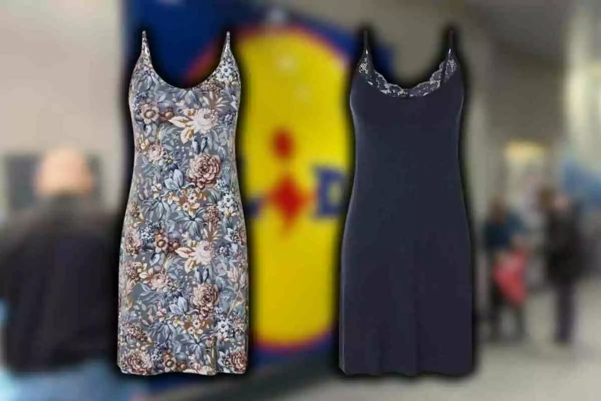Dos vestidos de tirantes, uno con estampado floral y otro liso de color oscuro, sobre un fondo desenfocado de una tienda. Dos vestidos de tirantes, uno con estampado floral y otro liso de color oscuro, sobre un fondo desenfocado de una tienda.