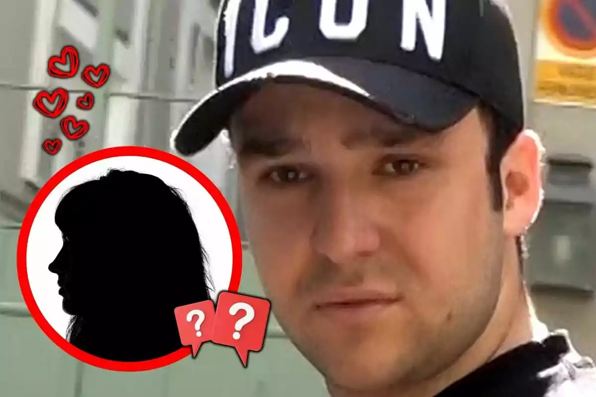 Muntatge de fotos de Froilán amb gorra negra que diu ICON i un cercle vermell amb la silueta d’una dona, cors i signes d’interrogació.