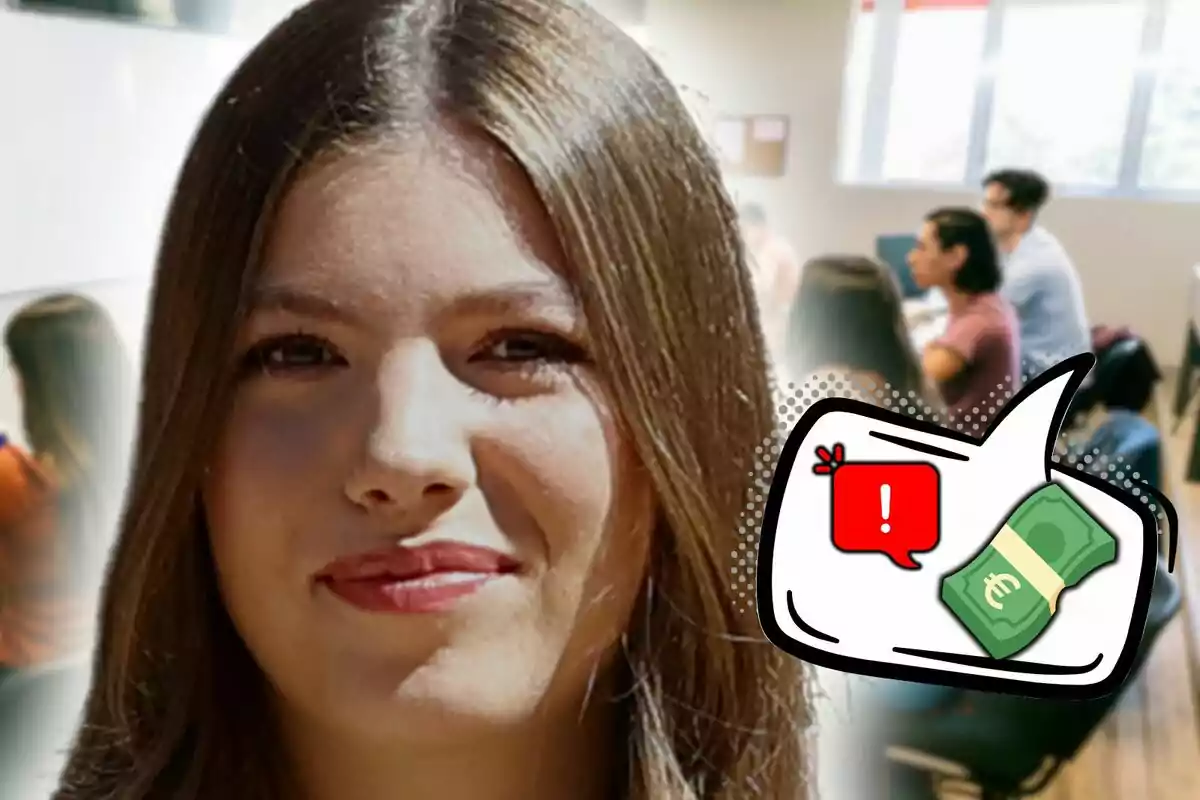 Imatge de la infanta Sofia en primer pla amb una aula d’estudiants al fons i un gràfic de bitllets i una icona d’advertència dins d’un globus de diàleg.